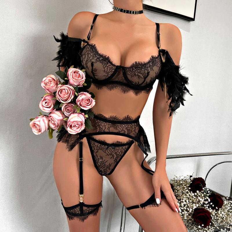 Mbroidered Lace Trim Feather Shoulder Lingerie Set Playful Love Sexy